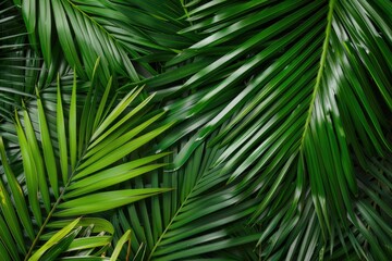A close-up image of vibrant green palm fronds, showcasing the intricate detail of their texture and form, creating a sense of tropical paradise