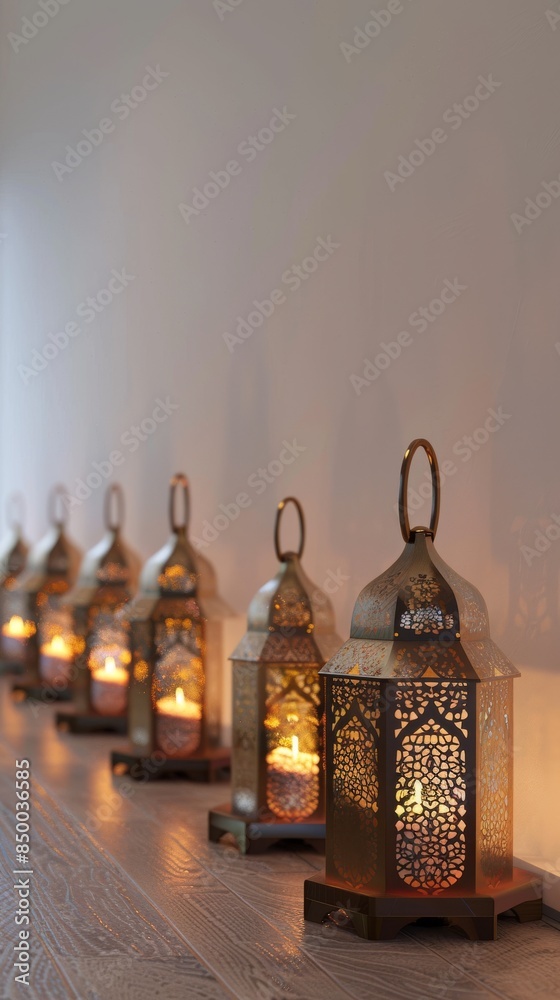 Sticker Elegant Islamic lanterns arranged in a row against a white background, adding warmth and ambiance to any space.