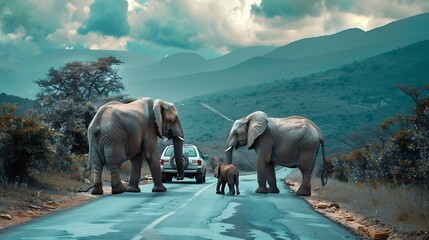 Elephants with a baby elephant share a road with a car in Africa Beautiful African landscape Wildlife Elephant family Amazing image Sweet memories of travel to Africa  African safari P : Generative AI