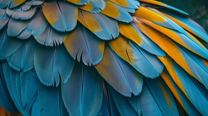 Fototapeta premium An amazing blue background of puffy bird feathers the fascinated Yellow and Blue macaw birds wing texture : Generative AI