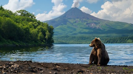 Russia Kamchatka Kronotsky Reserve The bear sits on the shore of the Kurile lake and looks towards the Ilyinsky volcano : Generative AI