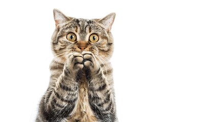 Surprised cat covering his mouth with his paws isolated on white background : Generative AI