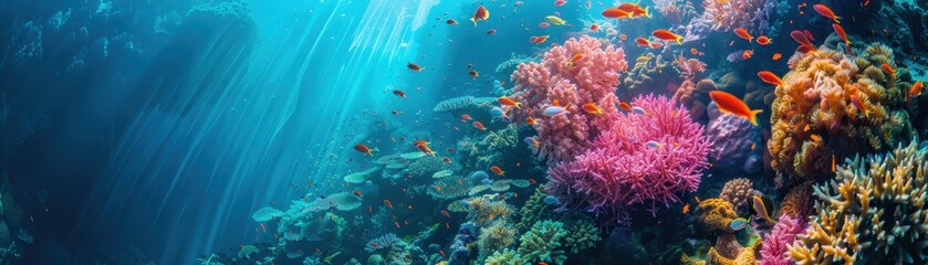 Obraz premium A group of scuba divers are exploring the ocean floor. The sun is shining brightly above them, creating a warm and inviting atmosphere. The divers are spread out across the scene