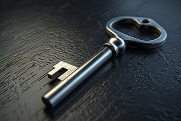 Rusty key on old wooden surface,
Single key in silhouette for solution or access concept

