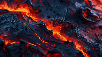Fiery lava surface, dark and intense, closeup, dramatic lighting, vivid red and orange tones, high contrast, intense heat