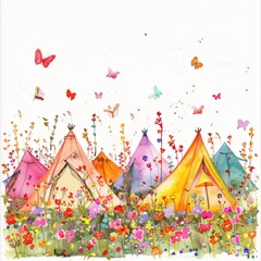 Obraz premium Watercolor painting of a campsite in a flower-filled meadow, with colorful tents scattered among the blossoms and butterflies flitting through the air, Generative AI