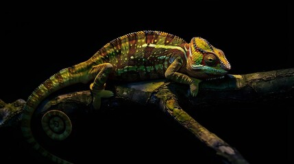 Chameleon with black backround beautiful of chameleon chameleon  branch chameleon panther : Generative AI