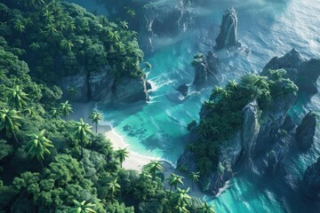 Aerial view of a tropical beach with clear blue waters, surrounded by lush green rainforest and rocky cliffs. Perfect paradise getaway scene.