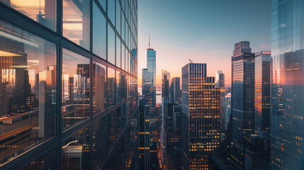 Tall office buildings with skyline evening sun of the city in the background.