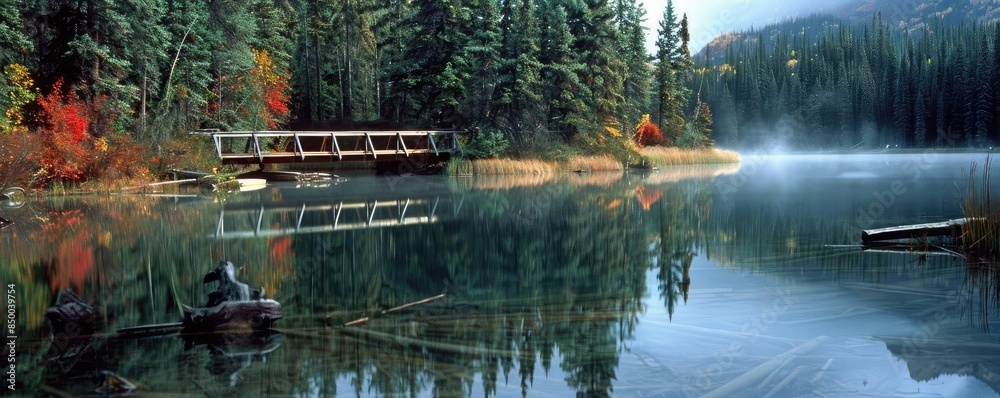 Poster scenic misty lake with bridge and autumn trees. tranquil reflection of forest and mountains on water