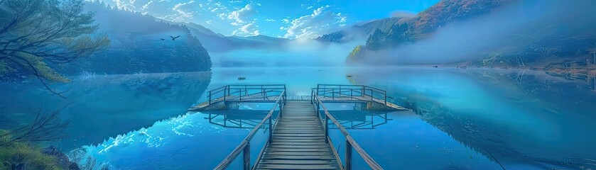 Fototapeta premium Serene lake with misty mountains showcasing peaceful docks and clear blue water under a vibrant, cloudy sky at dawn.