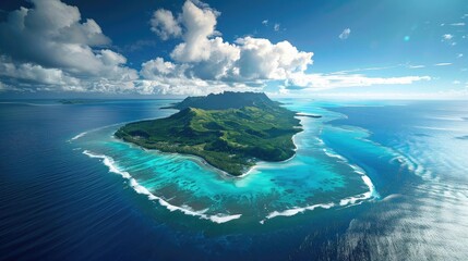 A breathtaking aerial view of a tropical island surrounded by turquoise waters and lush greenery under a bright blue sky with scattered clouds.
