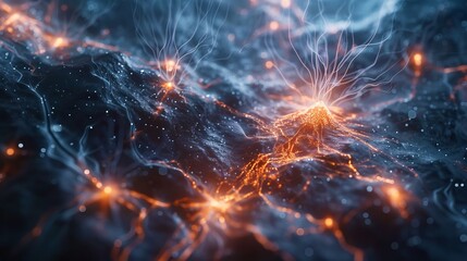 Dynamic network of firing neurons, each pulse lighting up detailed atoms in a spectacular display of futuristic intelligence