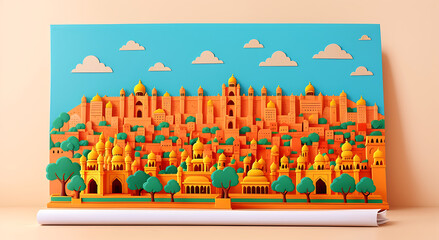 Obraz premium Indian city colorful illustration made up of Paper cutout style, and simple plain background, India 