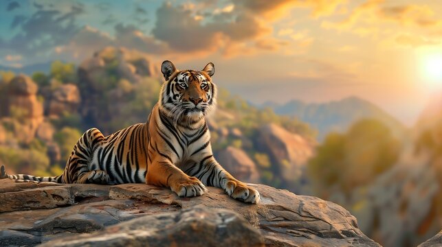 Royal bengal tiger pose with beautiful background Amazing tiger in the nature habitat Wildlife scene with dangerous beast Hot weather in wild India Panthera tigris tigris : Generative AI