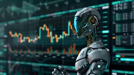 Fototapeta premium Artificial Intelligence Robot Analyzing Financial Data on a Screen.