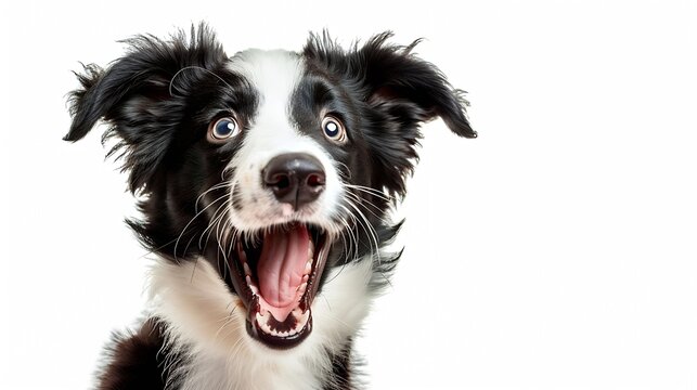 Puppy dog border collie with funny face surprising with open mouth and big eyes isolated on white background Wow effect surprised expression Cute pet dog barking : Generative AI
