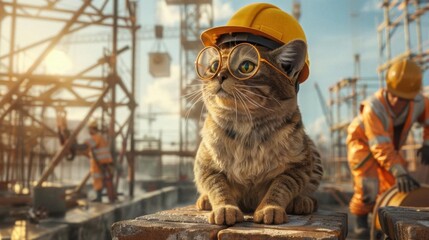 Photorealistic image of a cat wearing small round eyeglasses and a bright yellow construction hat The cat is perched on a stack of bricks