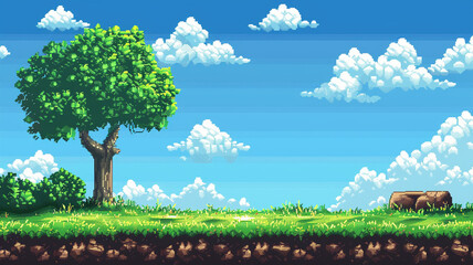8 Bits landscape pixel art game level background with mountains trees and platforms.