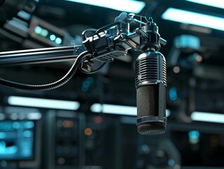 Fototapeta premium High-tech broadcast microphone mounted on a futuristic boom arm, set against a stylish, tech-inspired backdrop