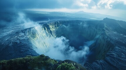 High-angle shot of a crater, soft magical light diffusing through the air, casting an enchanting glow, mysterious setting
