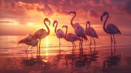Naklejka premium Flamingos look amazing at sunset and with their high color contrast Colors so rich that you cant take your eyes off them : Generative AI