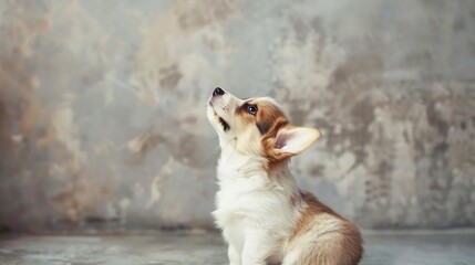 Portrait of amazing plump little brown white puppy of dog welsh pembroke corgi sitting raising ear listening on grey background Pet love pet care domestic animal dog breeding companion : Generative AI