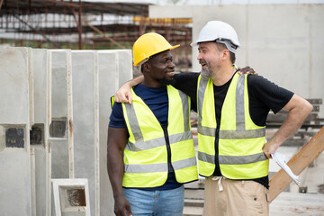 Portrait happy caucasian engineer man shoulder hug with happy African engineer man at precast cement outdoor factory	