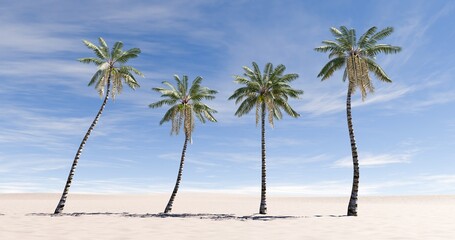 Palm trees lining the sandy beach. Summer landscape in blue sky. 3D rendering.