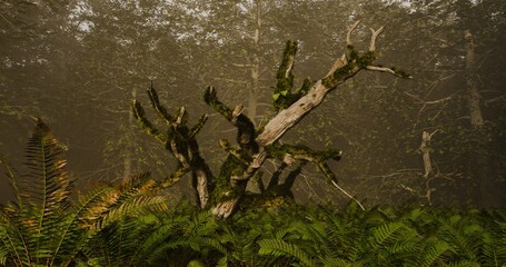 Mossy fallen tree in a lush forest. Fresh green in dusk. 3D rendering.