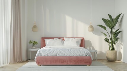 Modern white bedroom with a pink girls bed, two sophisticated lamps, minimal design, cozy and inviting atmosphere