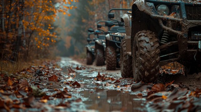 Muddy ATVs parked in a dense autumn forest, fallen leaves covering the ground, a raw depiction of off-road adventure