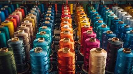 Colorful sewing threads in the clothing industry
