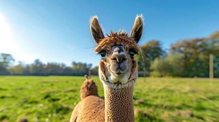 Fototapeta premium Portrait of an alpaca in a green meadow, its wool illuminated by the sun, clear blue sky in the background