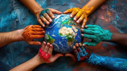 Diverse group of hands painted in vibrant colors holding the Earth, symbolizing global unity, diversity, and environmental awareness.