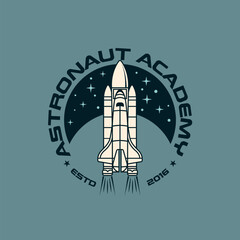 Spaceship Rocket flying spacecraft in the galaxy Vintage Retro Badge logo