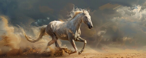 Fototapeta premium A brown horse running freely through a field with dramatic cloudy skies.
