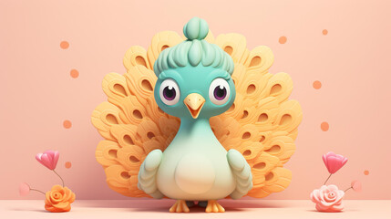 Obraz premium Adorable clay peacock in muted pastels with kawaii vibes, handcrafted from clay with a matte background and subtle gradients.