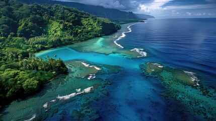 Stunning aerial view of tropical island coastline with lush greenery, clear blue waters, and coral reefs under a cloudy sky.