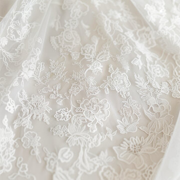 Intricate White Lace Fabric: Delicate Bridal Patterns - Close-Up Detail, Minimal Background - Elegant Wedding Design - Exquisite Bridal Textures - High-Quality Lace Photography