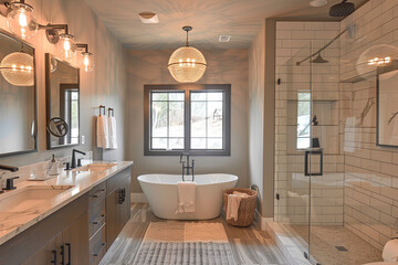 modern bathroom with rustic tiles, chic decor and dramatic lighting