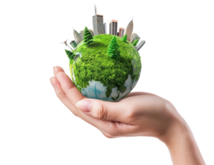 hand holding global earth with green plant and building, sustainability development, on transparency background