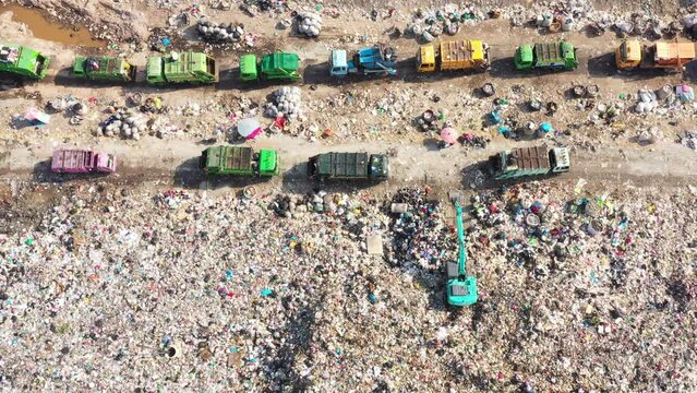 Aerial top view of A Huge Waste, garbage, dump, rubbish landfill. A landfill compactor, group of workers sort out the garbage in the landfill. Trash trucks dump waste polluting products.