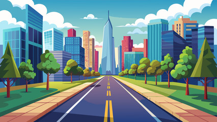 Busy summer street, a road flanked by skyscrapers and trees, straight and bottom view vector illustration