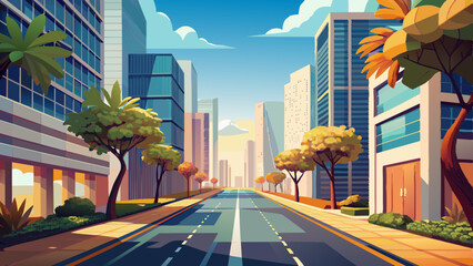 Naklejka premium Busy summer street, a road flanked by skyscrapers and trees, straight and bottom view vector illustration