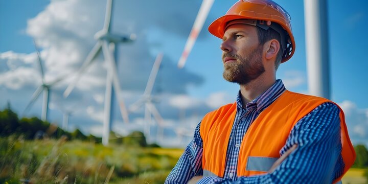 Wind farm environmental consultant conducting outdoor turbine inspections for sustainability and safety. Concept Wind Turbine Inspections, Environmental Sustainability, Safety Measures