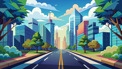 Obraz premium Busy summer street, a road flanked by skyscrapers and trees, straight and bottom view vector illustration