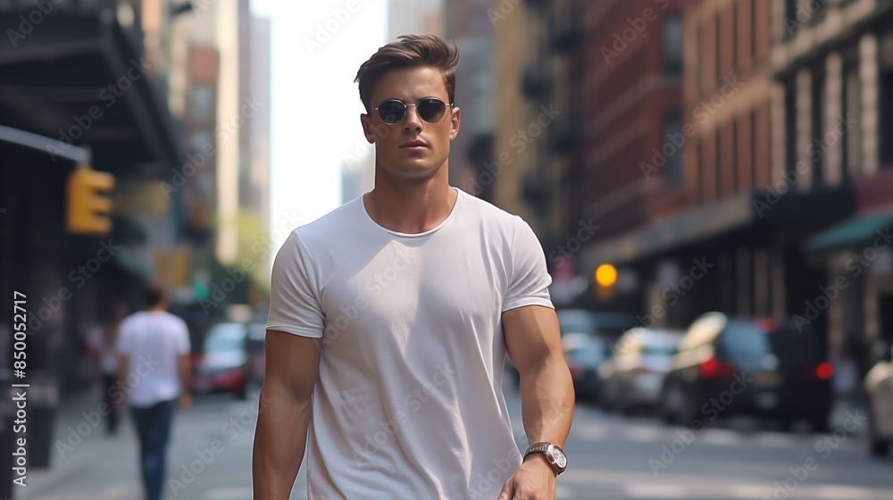 Wall mural Handsome male model wearing sunglasses and a t-shirt, confidently walking through the city, captured in HD clarity