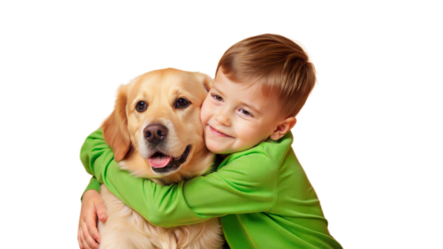 A heartwarming image of a young boy hugging his dog, capturing the bond of friendship and loyalty between them.