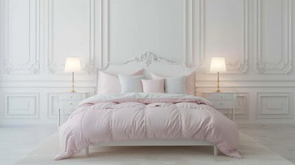 Simple white bedroom, pink girls bed, two elegant lamps, minimalistic style, uncluttered and serene environment, soft lighting